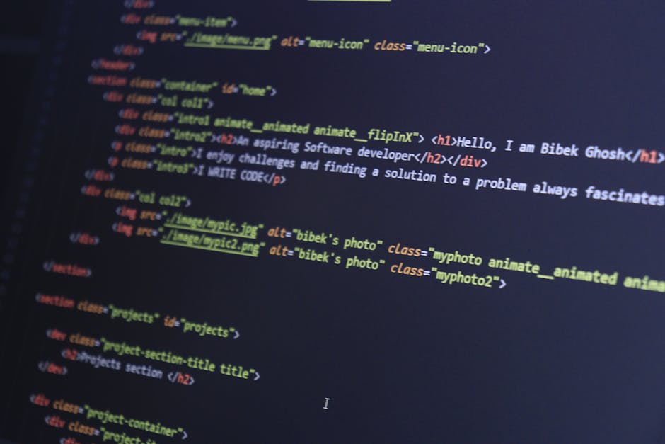 The image shows a close-up view of a computer screen displaying lines of HTML code focused on the head and body sections, with visible tags such as <title>, <link>, and <div>. The code is illuminated